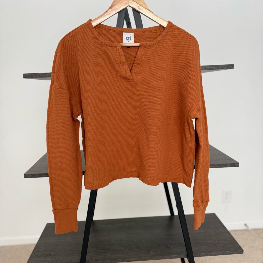 CAbi #4369 Burnt Orange V-Neck Waffle Knit Long Sleeve Tee Size M